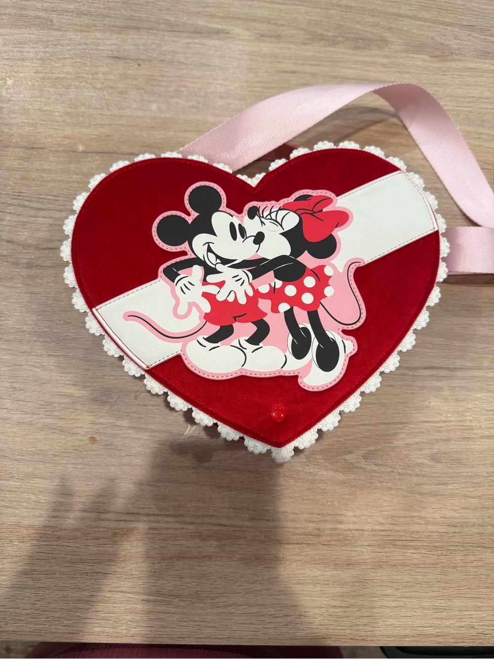 Loungefly Red Pink White Heart-Shaped Minnie & Mickey Crossbody Bag